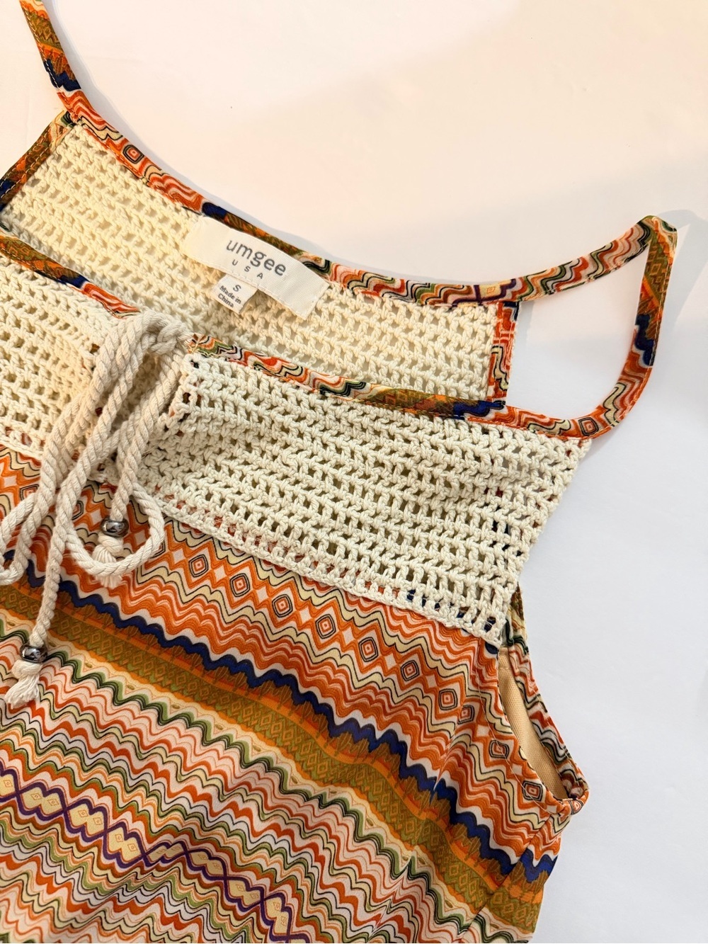 Umgee Sleeveless High Low Dress Size Small Boho Crochet Zig Zag Pattern Orange